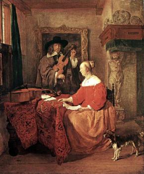 加佈裡埃爾 梅特囌 A Woman Seated at a Table and a Man Tuning a Violin